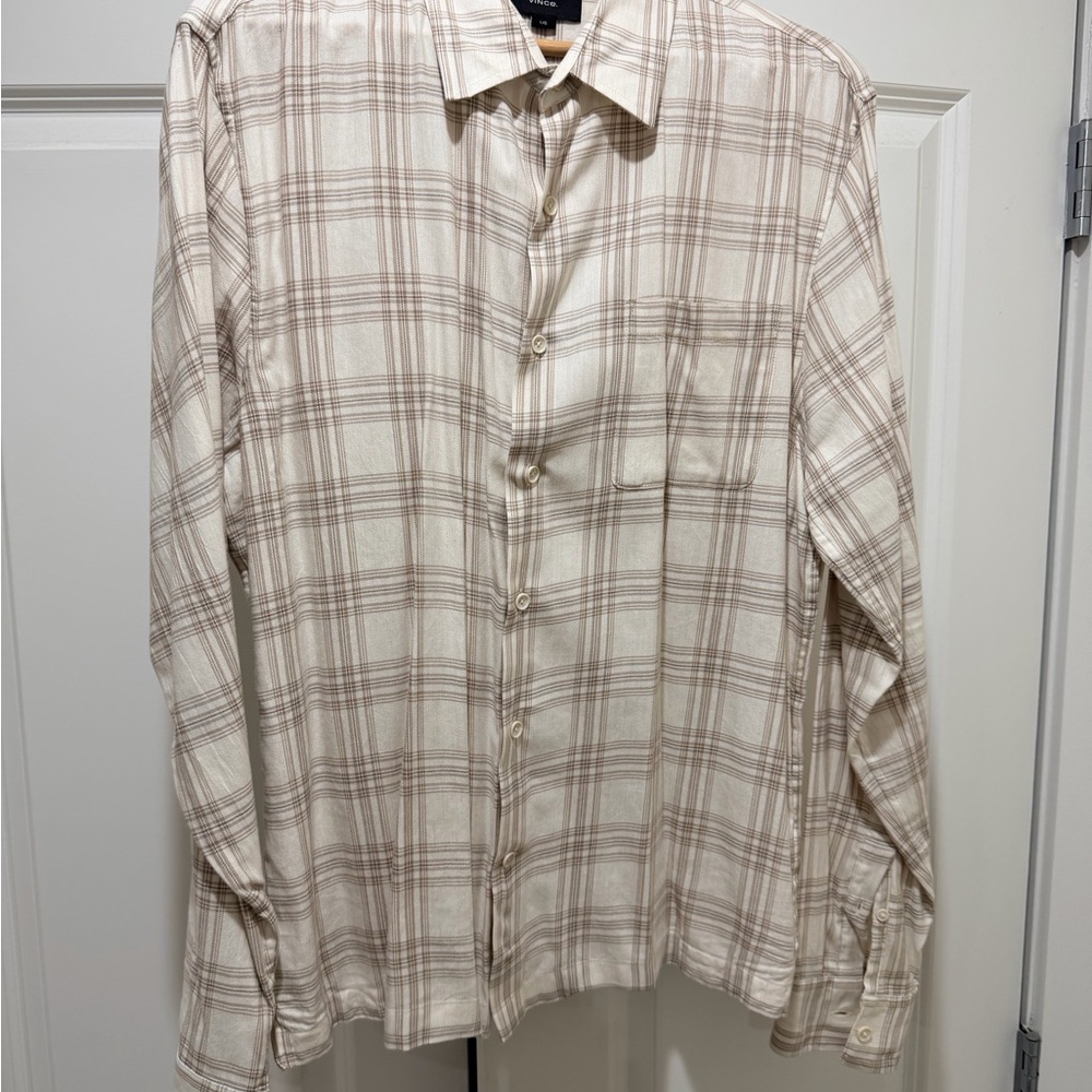 Vince Men's Beige Plaid Button-Up Shirt